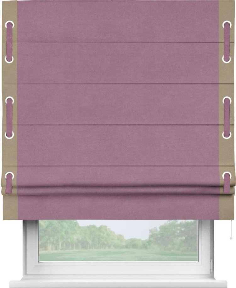 Римская штора «Кортин» с кантом Стрим Дуо (люверсы с пояском), для проема, ткань вельвет лиловый