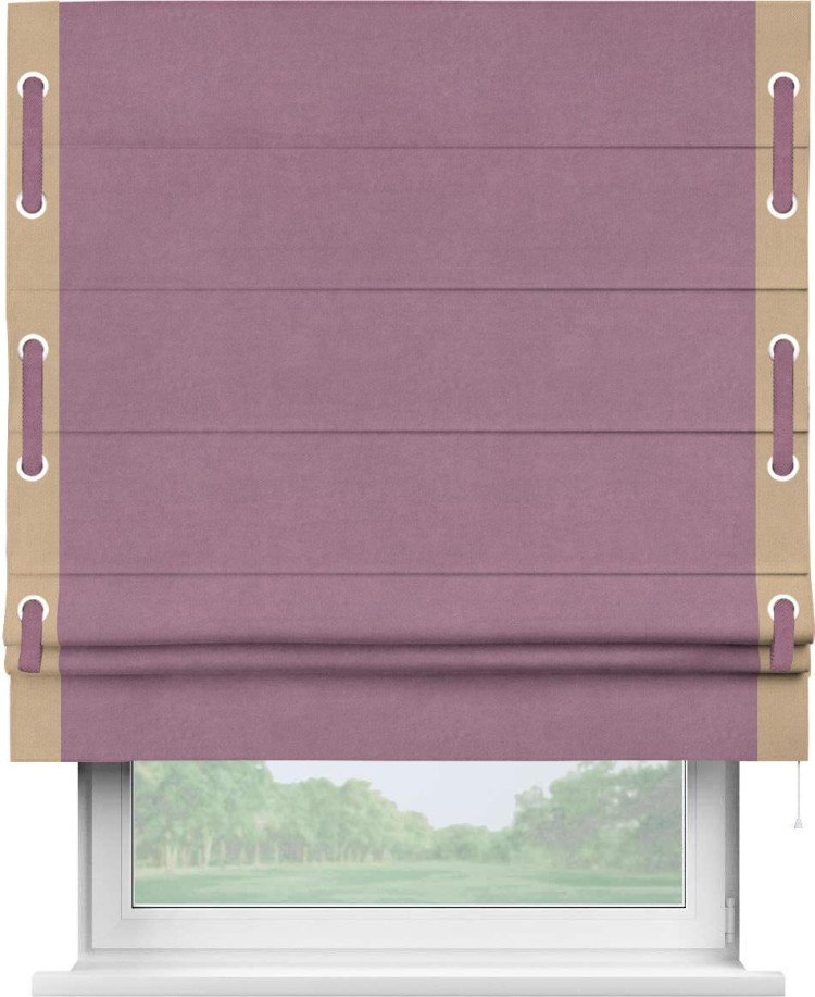 Римская штора «Кортин» с кантом Стрим Дуо (люверсы с пояском), для проема, ткань вельвет лиловый