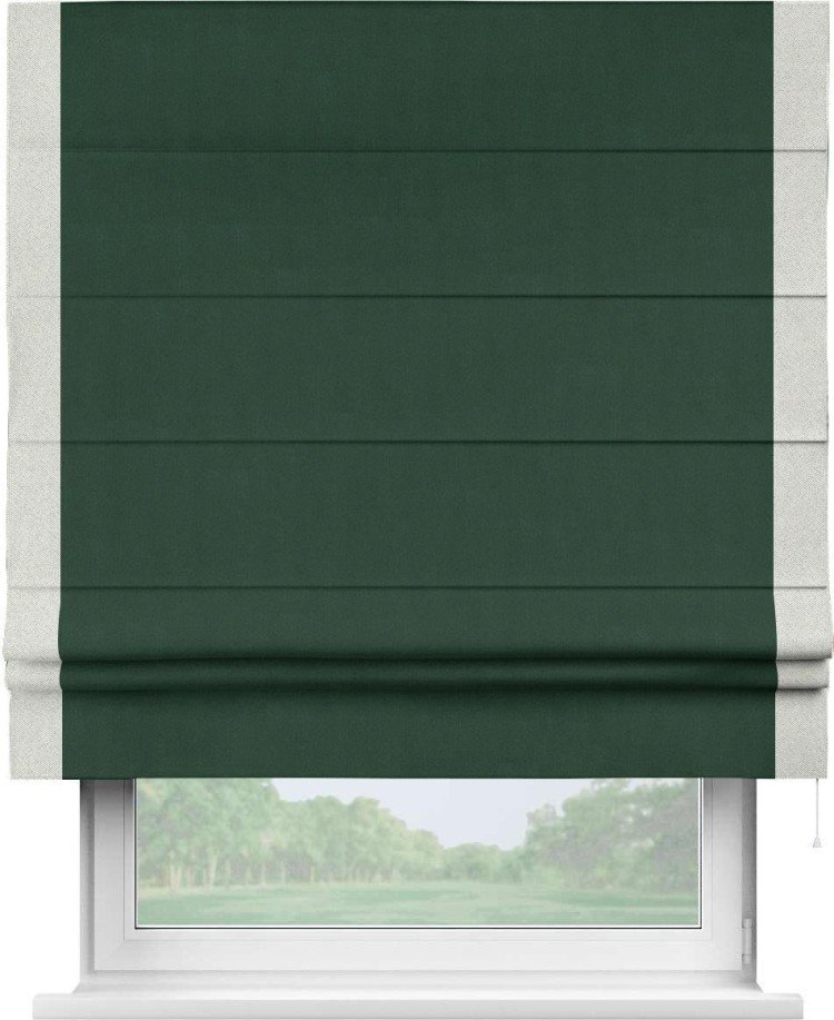 Римская штора «Кортин» для проема, блэкаут однотонный зелёный с кантом Стрим Дуо