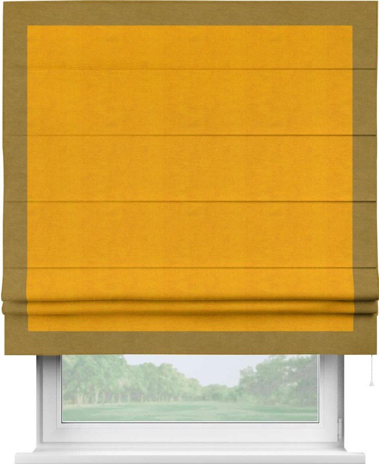 Римская штора «Кортин» с кантом Чесс, для проема, ткань вельвет желтый