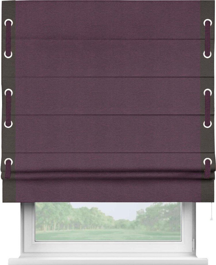 Римская штора «Кортин» с кантом Стрим Дуо (люверсы с пояском), для проема, ткань лён димаут, фиолетовый