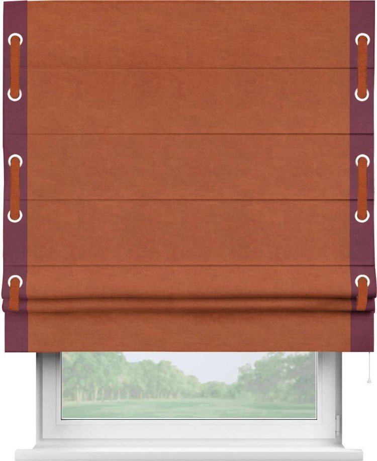 Римская штора «Кортин» с кантом Стрим Дуо (люверсы с пояском), для проема, ткань вельвет терракотовый